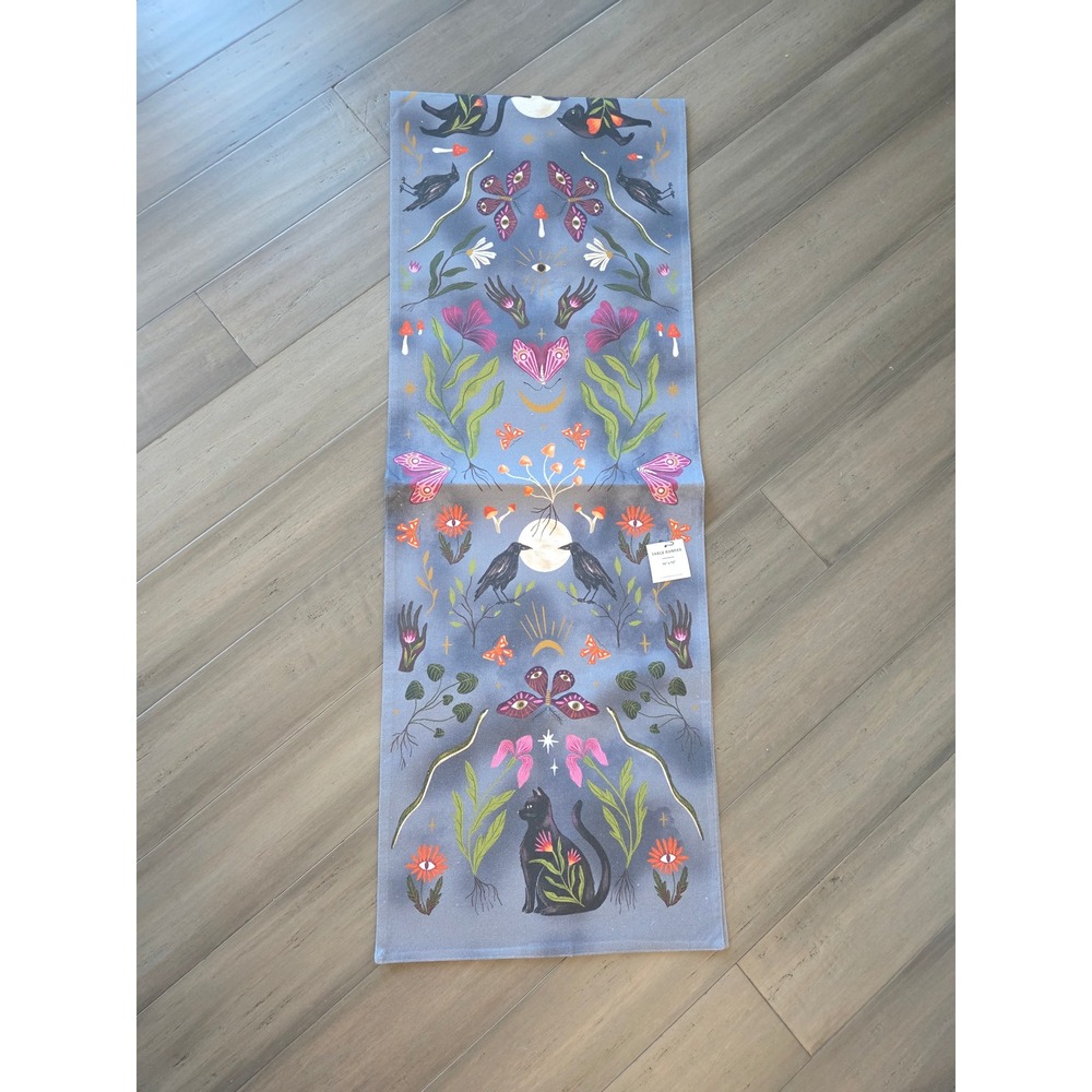 Anthropologie Mystical Nature Table Runner Black Cat Raven Moon 16x90 NWT